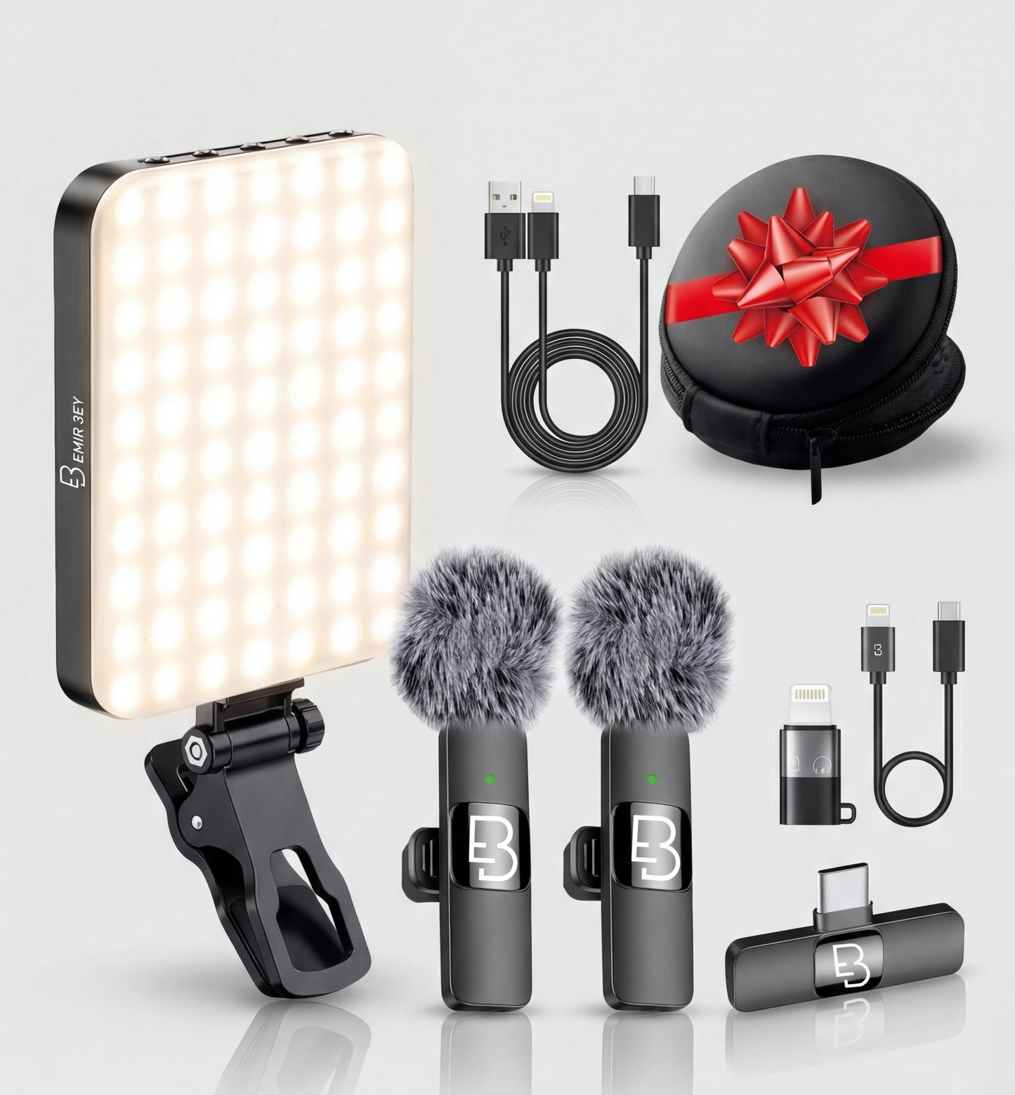 Kit de Creación de Contenido Profesional Micrófonos Inalámbricos + Luz LED Incluida