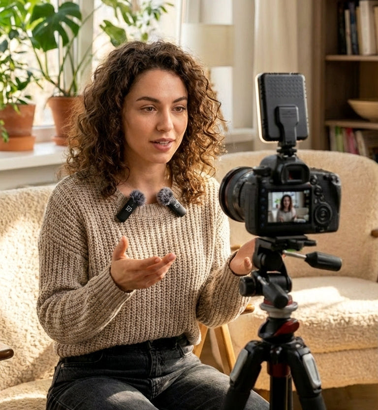 Kit de Creación de Contenido Profesional Micrófonos Inalámbricos + Luz LED Incluida