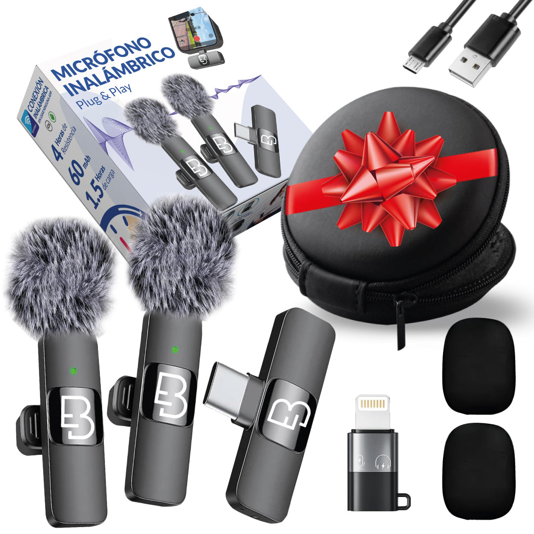 Kit de Creación de Contenido Profesional Micrófonos Inalámbricos + Luz LED Incluida